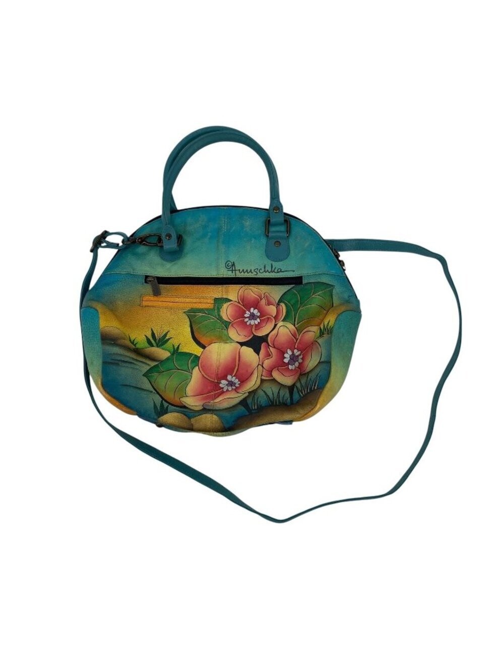 Anuschka Multicolor Hand Painted Floral Bird Satchel Top Handle Bag Zip Closure
